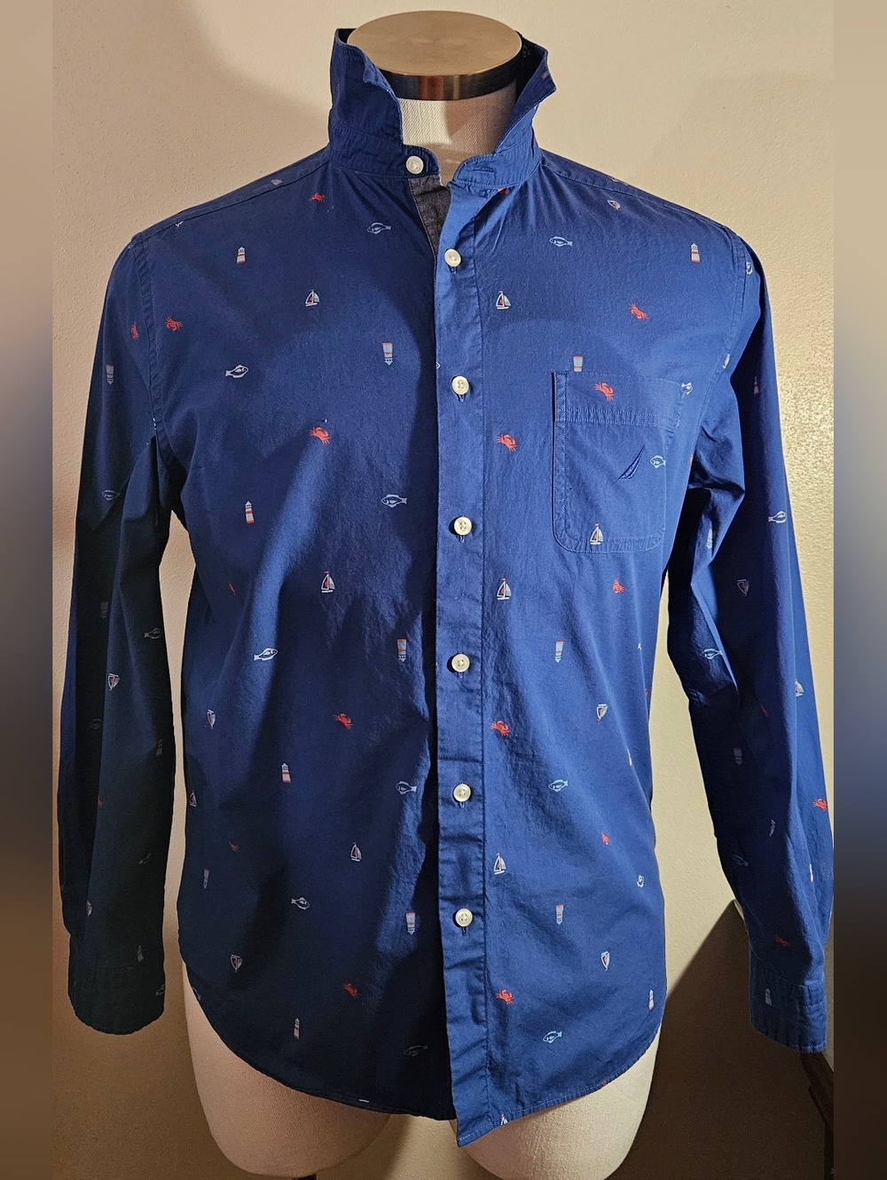 Nautica Men's Blue Button-Down Shirt with Small Red & White Nautical Motifs